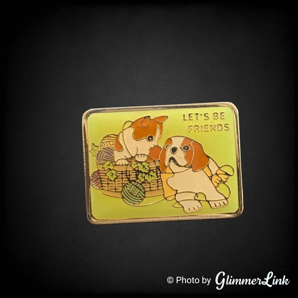 Vintage 1980s Let’s Be Friends Enamel Cat and Dog Lapel Pin – Gold Tone Pinback